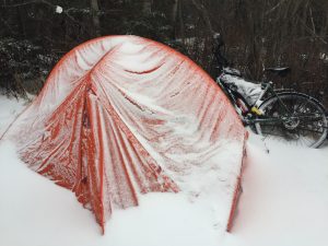 winter camping in a tent